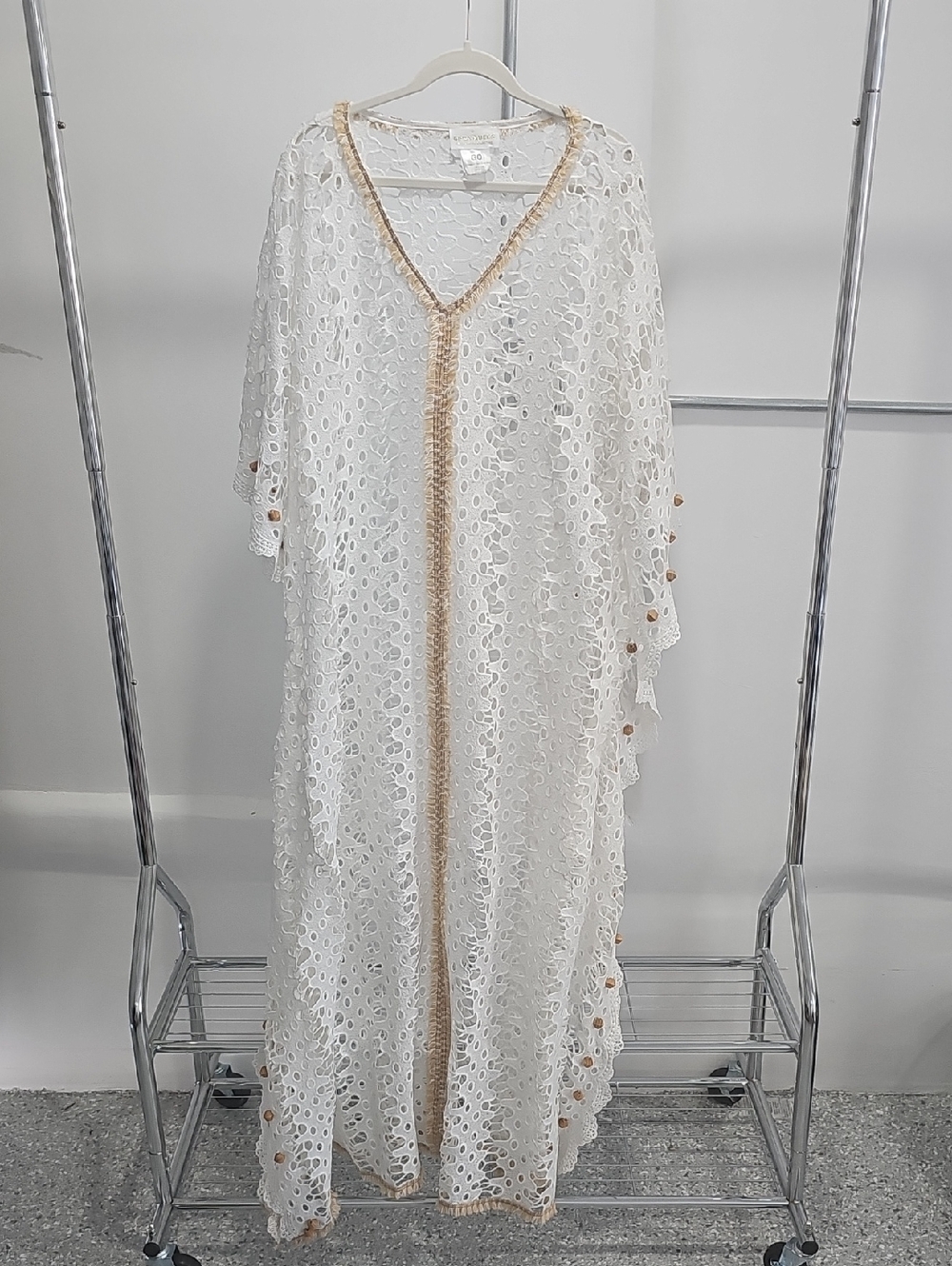 Elegant White Crochet Swim Coverup with Gold Trim